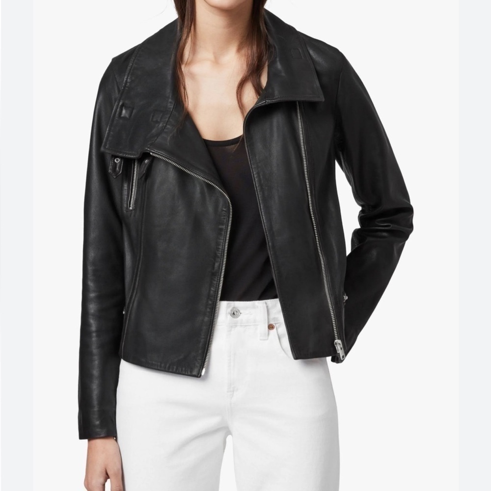 AllSaints Bales Leather Biker Jacket Black Lamb Leather Asymmetric Zip – US 0